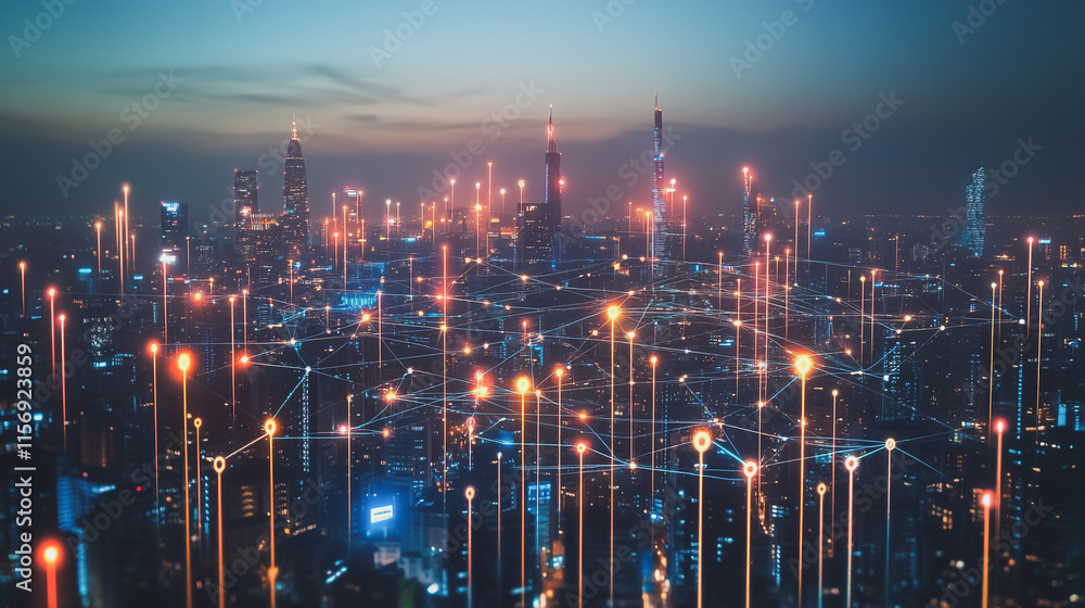 Fototapeta premium Smart digital Innovation city with connection network reciprocity over the cityscape. of future smart wireless digital city and social media networking systems that connects people with in city