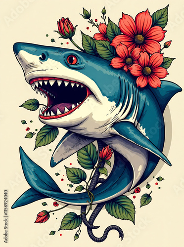 Shark head flower very simple traditional tattoo flash styles illustration