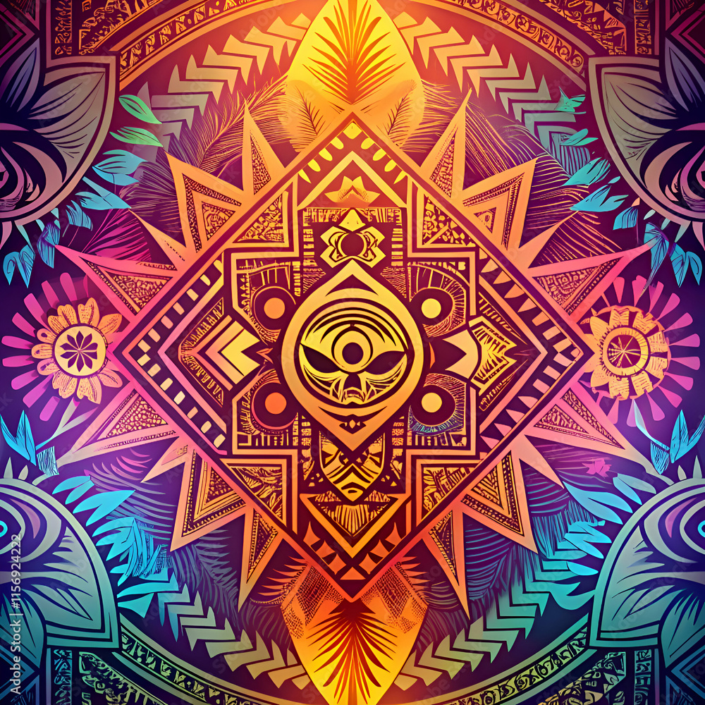 A vibrant geometric pattern with a central eye design. A vibrant geometric pattern with a central eye design.