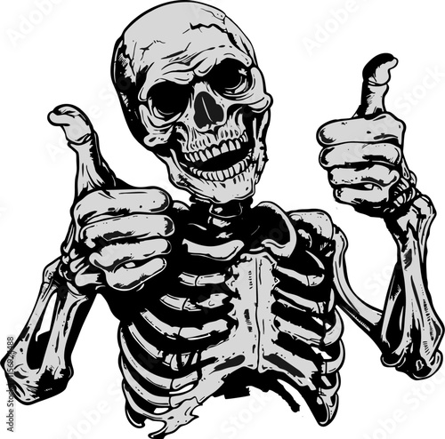 Skeleton doing both hands thumbs-up with smiling Tattoo Black Style Gym Logo Vector for T-shirts and Wall Decor Workout Athletic Muscle Fitness Beast Barbell Bodybuilding Healthy Wall Sticker