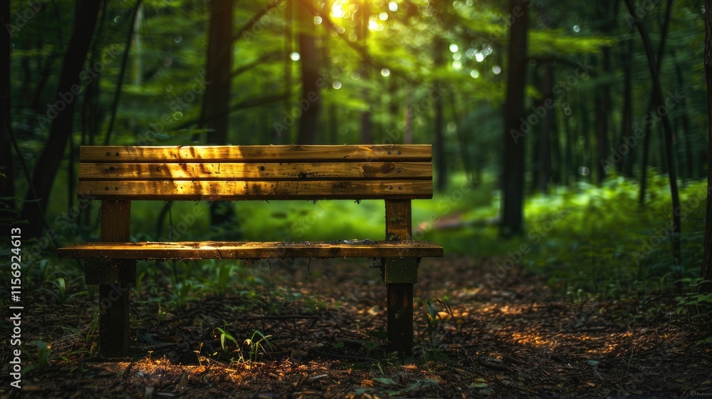 A wooden bench in a forest, softly illuminated by ambient light A wooden bench in a forest, softly illuminated by ambient light