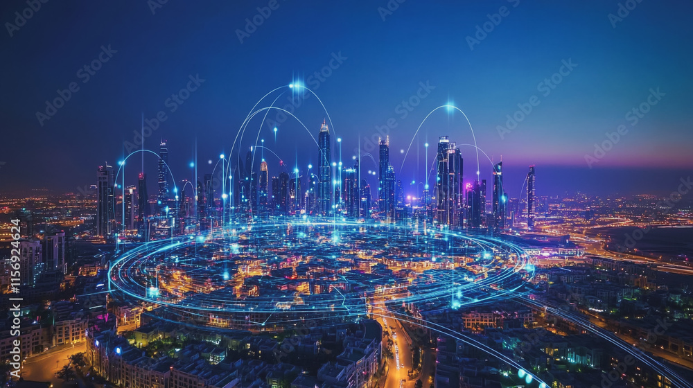 Obraz premium Smart digital Innovation city with connection network reciprocity over the cityscape. of future smart wireless digital city and social media networking systems that connects people with in city