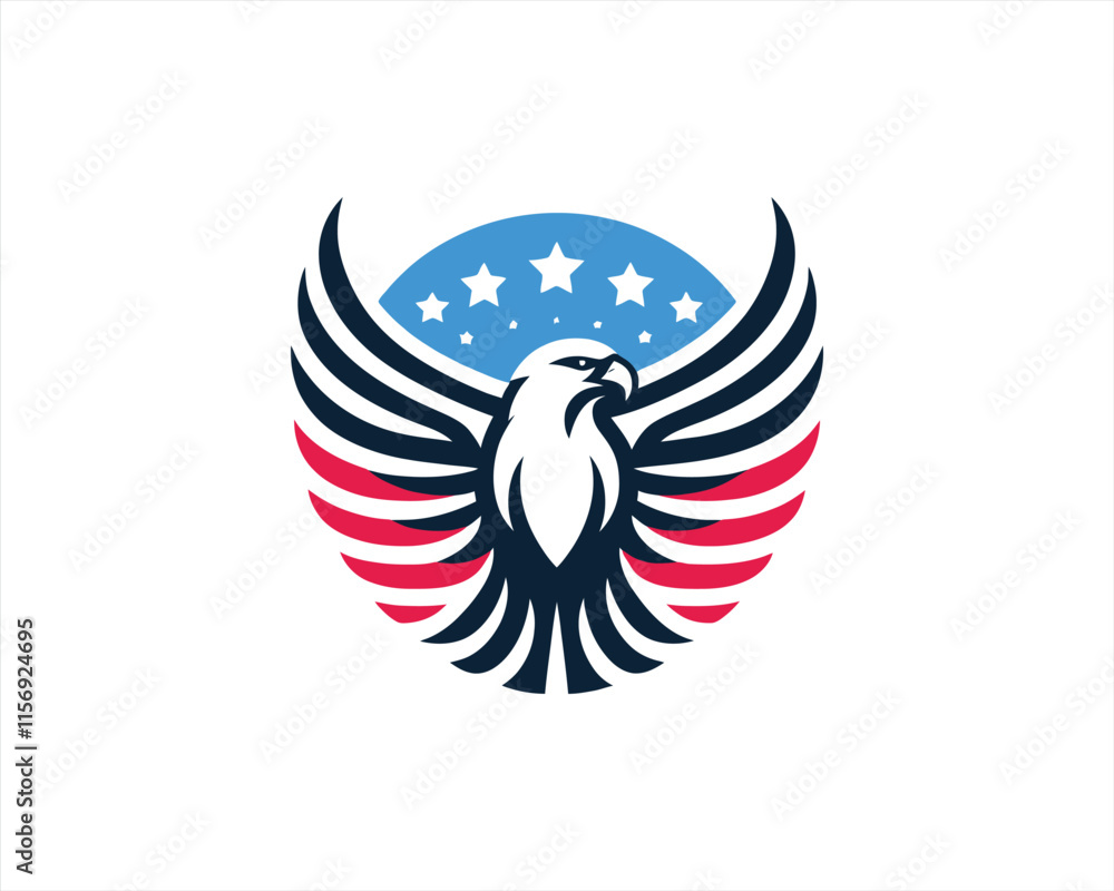 Obraz premium Eagle logo design vector illustration in American flag color. American Eagle icon logo template. 