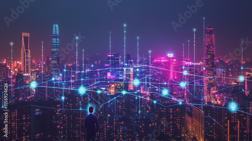 Wallpaper Mural Smart digital Innovation city with connection network reciprocity over the cityscape. of future smart wireless digital city and social media networking systems that connects people with in city Torontodigital.ca