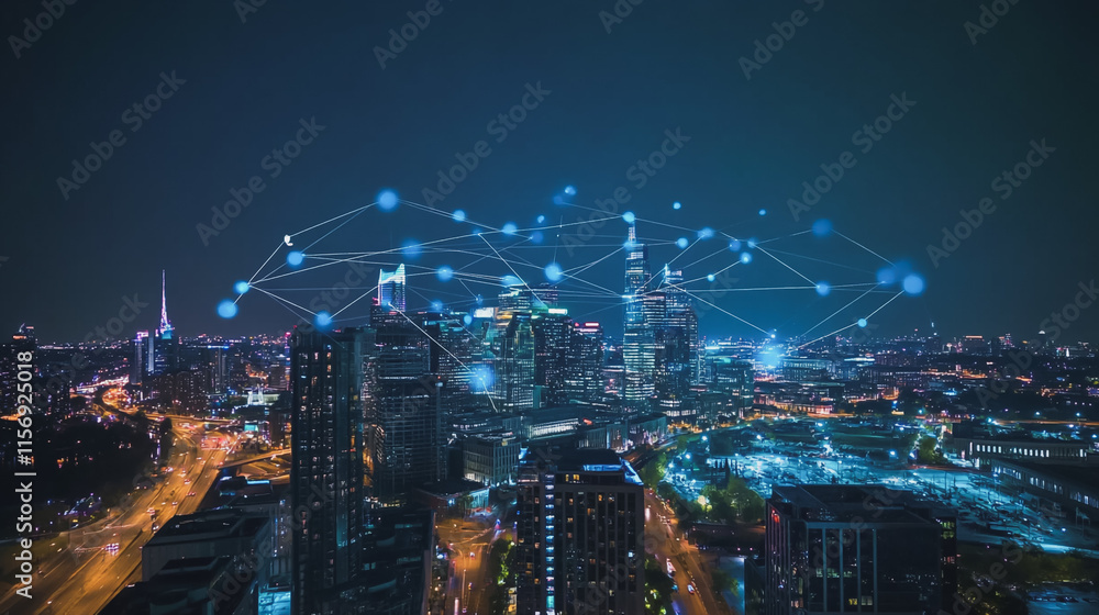 Smart digital Innovation city with connection network reciprocity over the cityscape. of future smart wireless digital city and social media networking systems that connects people with in city Smart digital Innovation city with connection network reciprocity over the cityscape. of future smart wireless digital city and social media networking systems that connects people with in city