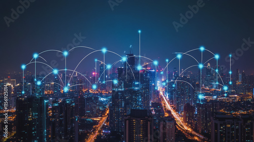 Wallpaper Mural Smart digital Innovation city with connection network reciprocity over the cityscape. of future smart wireless digital city and social media networking systems that connects people with in city Torontodigital.ca