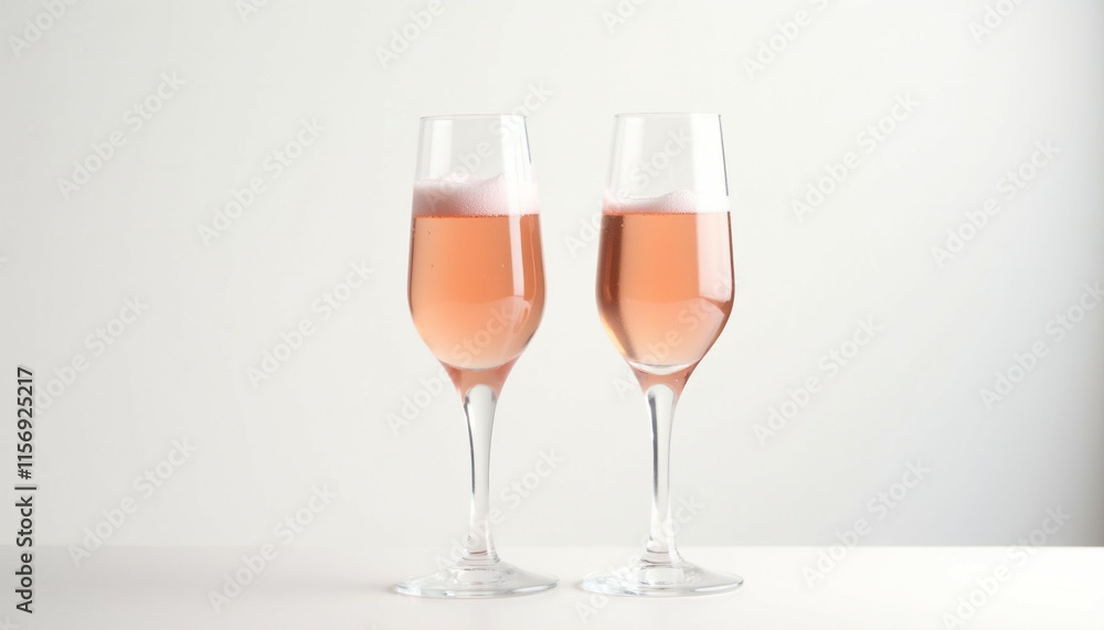 Two glasses of ros champagne stand side by side on a white background. Two glasses of ros champagne stand side by side on a white background.