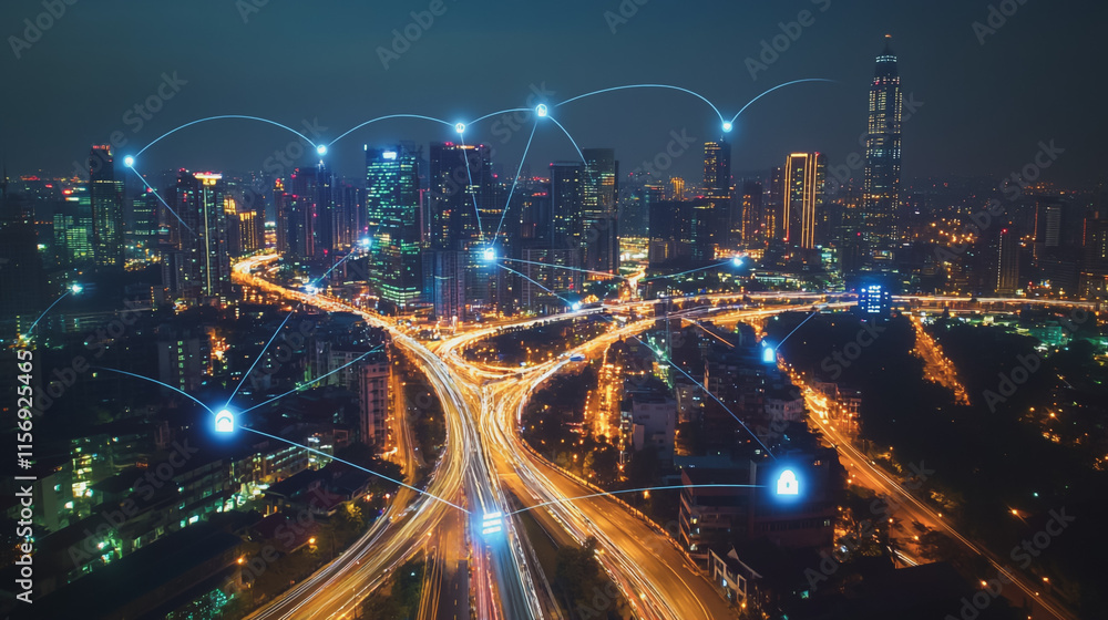 Fototapeta premium Smart digital Innovation city with connection network reciprocity over the cityscape. of future smart wireless digital city and social media networking systems that connects people with in city