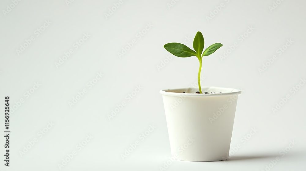 Close-up Photo: Vibrant Green Seedling Gently Emerging in a Simple White Pot Against a Clean Background. AI Generated Close-up Photo: Vibrant Green Seedling Gently Emerging in a Simple White Pot Against a Clean Background. AI Generated