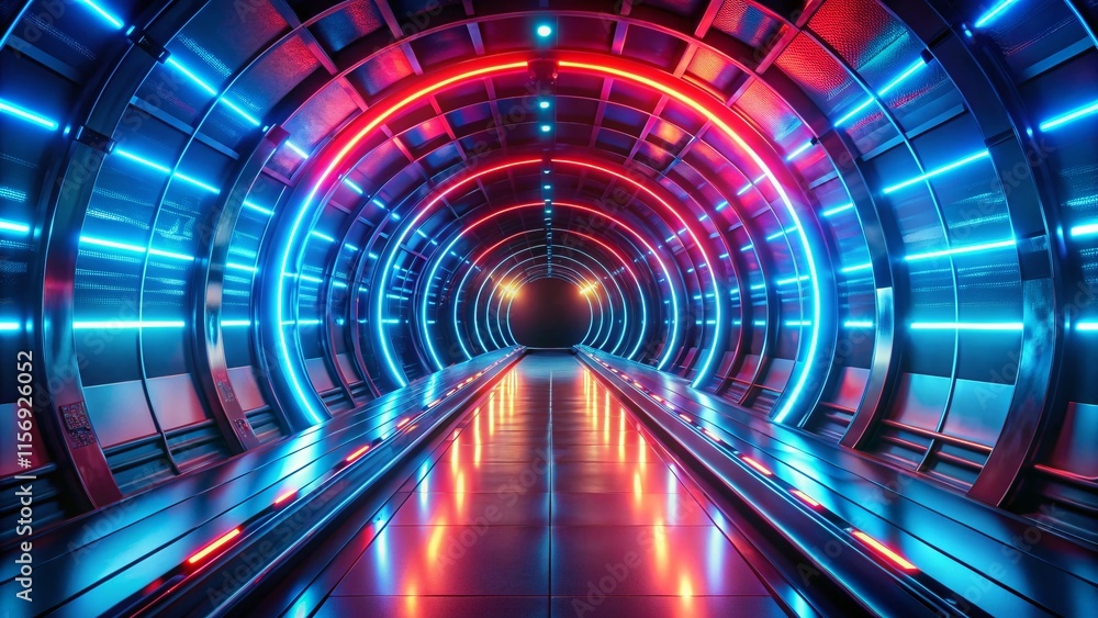 Futuristic Sci-Fi Tunnel: Red and Blue Neon Lights, Abstract Digital Corridor Futuristic Sci-Fi Tunnel: Red and Blue Neon Lights, Abstract Digital Corridor