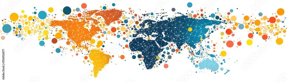 Fototapeta premium Colorful Abstract World Map with Connected Dots and Network Lines