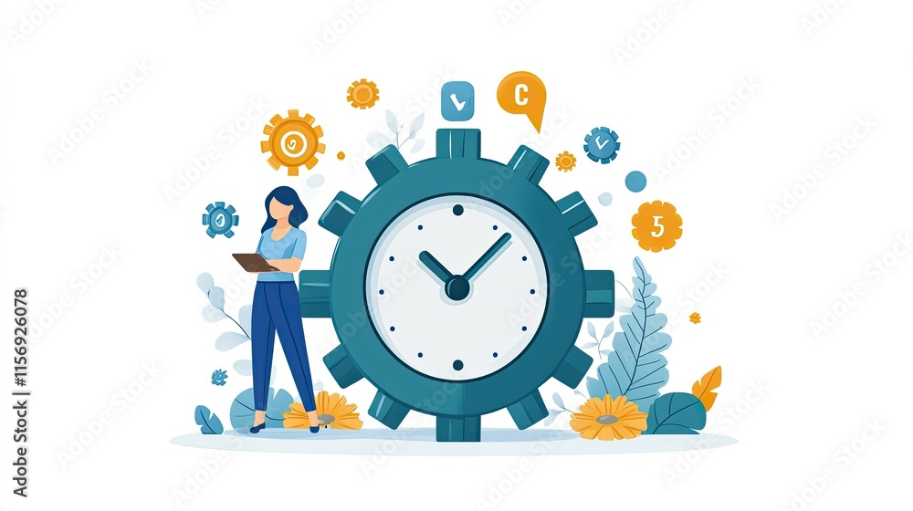 Woman with clipboard near large clock gear, symbolizing time management and efficiency. Woman with clipboard near large clock gear, symbolizing time management and efficiency.