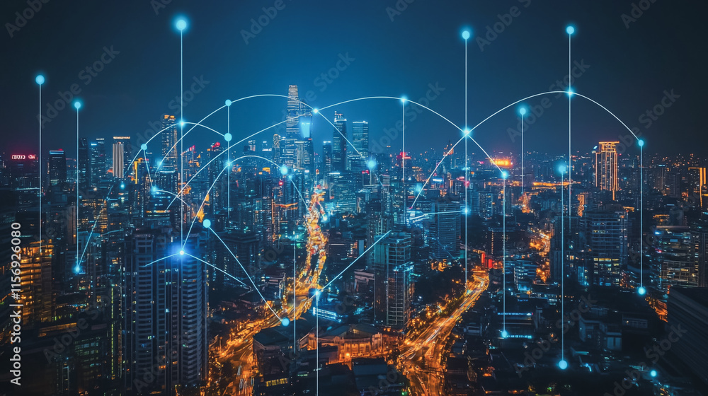 Obraz premium Smart digital Innovation city with connection network reciprocity over the cityscape. of future smart wireless digital city and social media networking systems that connects people with in city