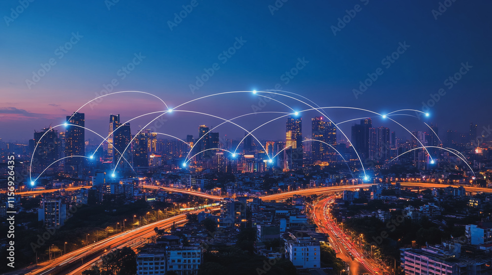 Obraz premium Smart digital Innovation city with connection network reciprocity over the cityscape. of future smart wireless digital city and social media networking systems that connects people with in city