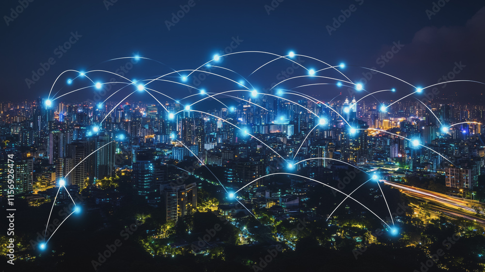 Smart digital Innovation city with connection network reciprocity over the cityscape. of future smart wireless digital city and social media networking systems that connects people with in city Smart digital Innovation city with connection network reciprocity over the cityscape. of future smart wireless digital city and social media networking systems that connects people with in city