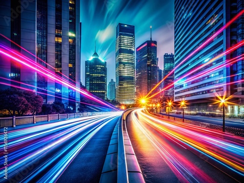 Futuristic Speed: Dynamic Light Trails in Dark Cityscape - Abstract Graphic Design Stock Photo