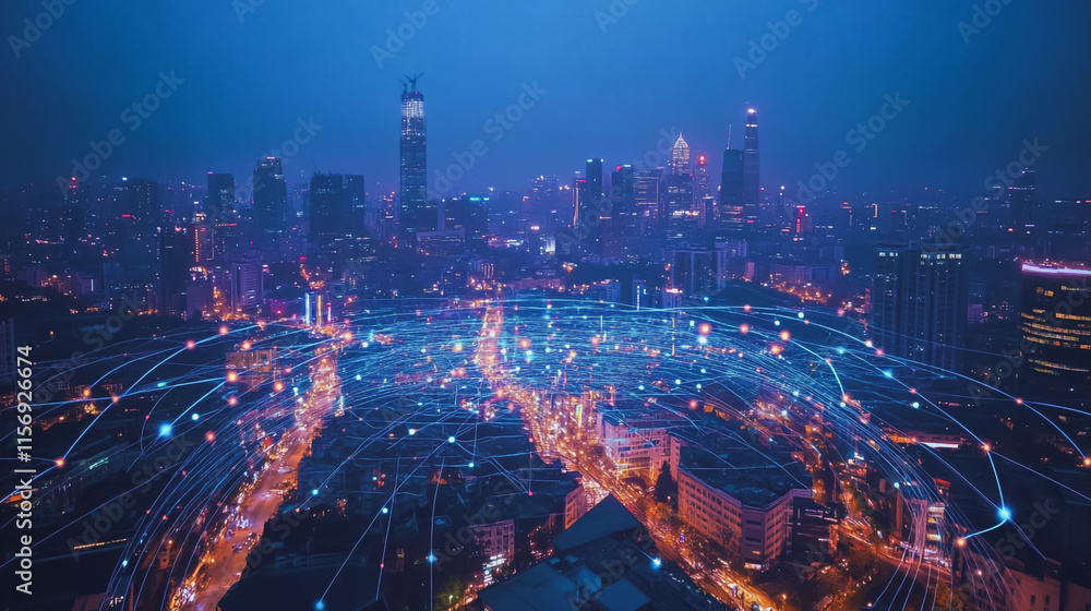 Fototapeta premium Smart digital Innovation city with connection network reciprocity over the cityscape. of future smart wireless digital city and social media networking systems that connects people with in city