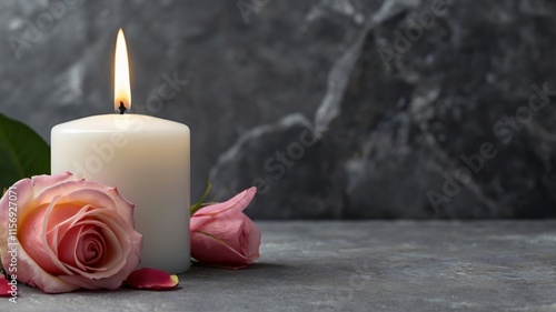 White candle with a rose and flower petals on grey stone panoramic background with copy space, funeral services web banner 
