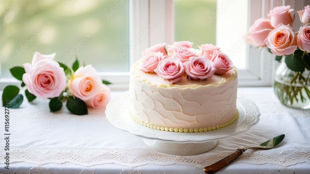A stunning Mother’s Day cake with soft pastel frosting, decorated with pink roses and surrounded by natural light A stunning Mother’s Day cake with soft pastel frosting, decorated with pink roses and surrounded by natural light