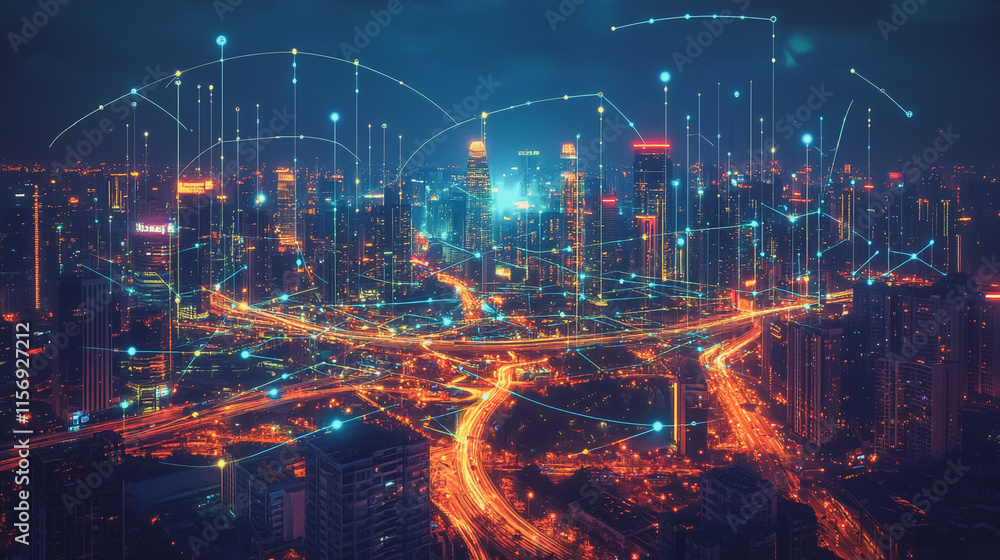 Smart digital Innovation city with connection network reciprocity over the cityscape. of future smart wireless digital city and social media networking systems that connects people with in city