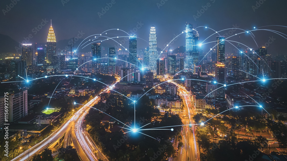 Smart digital Innovation city with connection network reciprocity over the cityscape. of future smart wireless digital city and social media networking systems that connects people with in city Smart digital Innovation city with connection network reciprocity over the cityscape. of future smart wireless digital city and social media networking systems that connects people with in city