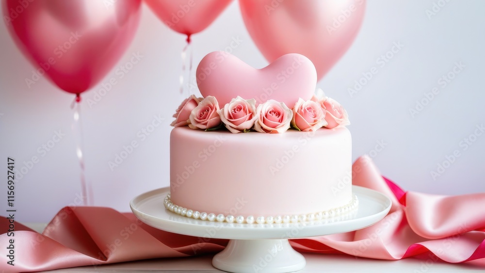 Heart-shaped Mother’s Day cake decorated with fondant roses and edible pearls, surrounded by pink balloons and a blurred festive background Heart-shaped Mother’s Day cake decorated with fondant roses and edible pearls, surrounded by pink balloons and a blurred festive background