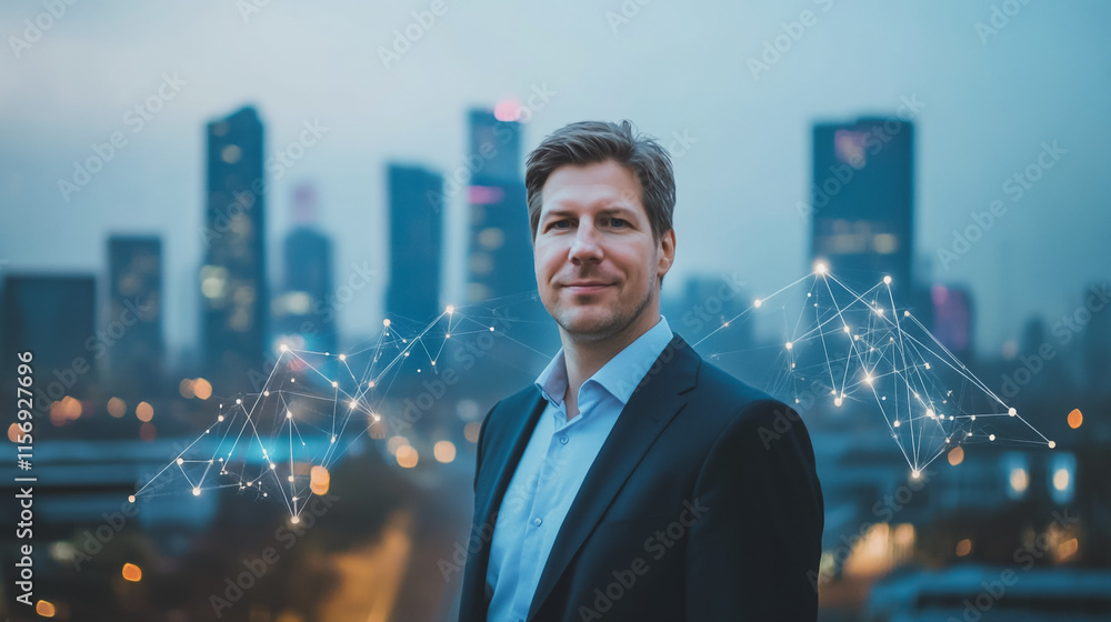 Fototapeta premium Smart digital Innovation city with connection network reciprocity over the cityscape. of future smart wireless digital city and social media networking systems that connects people with in city