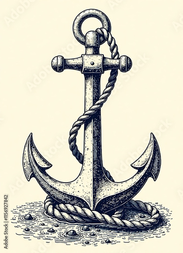 Ship sea anchor and rope in vintage engraving style. Sketch hand drawn vector illustration photo