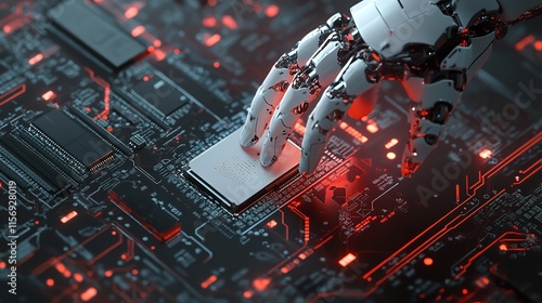 A Robotic Hand Interacting with a Glowing Red Circuit Board, Symbolizing Advanced Technology and AI Integration

 photo