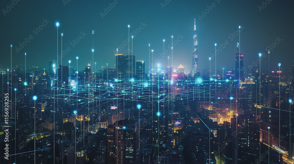 Fototapeta premium Smart digital Innovation city with connection network reciprocity over the cityscape. of future smart wireless digital city and social media networking systems that connects people with in city