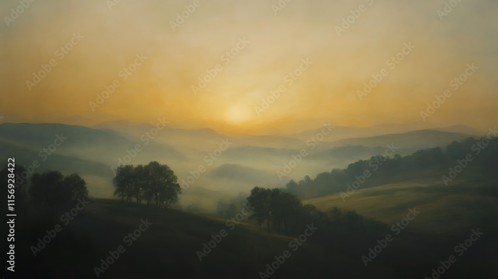 Serene Sunrise Painting: Misty Valley Landscape at Dawn. AI Generated Serene Sunrise Painting: Misty Valley Landscape at Dawn. AI Generated