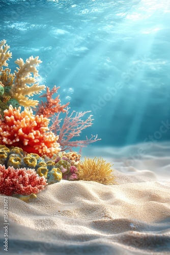 Fototapeta Naklejka Na Ścianę i Meble -  A coral reef set against a sandy ocean floor, showcasing diverse marine flora and fauna.