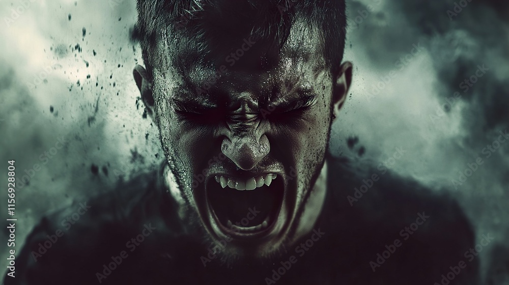 Fototapeta premium Man's Intense Scream: A Portrait of Raw Emotion