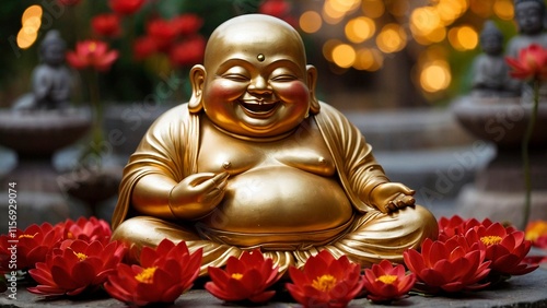 A close up of a golden statue of a happy laughing Budai surrounded by red lotus flowers. Joyful Fat Buddha Qieci buddhist religion illustration.	