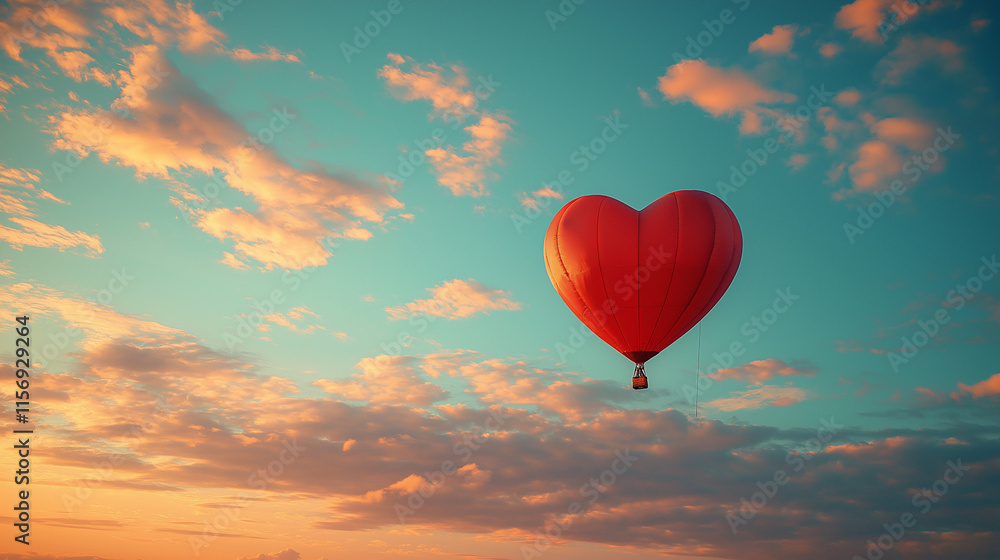 Fototapeta premium Colorful big hot air heart shaped balloon flying against the cloudy sky