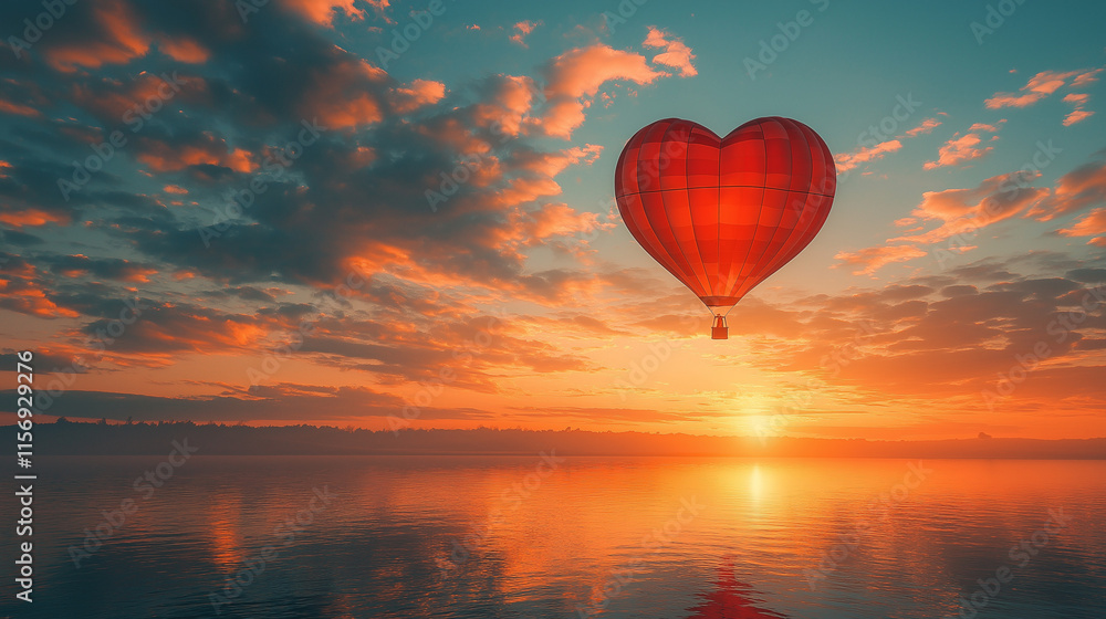Obraz premium Red hot air balloon in the shape of a heart, Colorful hot-air balloon flying over sunset