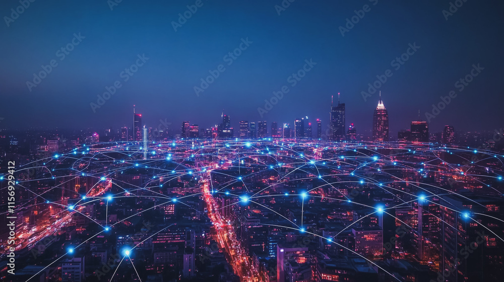 Fototapeta premium Smart digital Innovation city with connection network reciprocity over the cityscape. of future smart wireless digital city and social media networking systems that connects people with in city