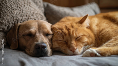 Wallpaper Mural Cat and dog sleeping together. Kitten and puppy taking nap. Home pets. Animal care. Love and friendship. Torontodigital.ca