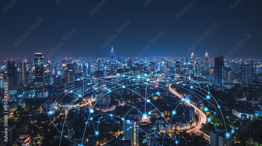 Obraz premium Smart digital Innovation city with connection network reciprocity over the cityscape. of future smart wireless digital city and social media networking systems that connects people with in city