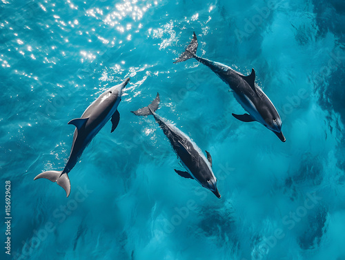 Drone shot of three dolphins swimming in the clear blue waters photo