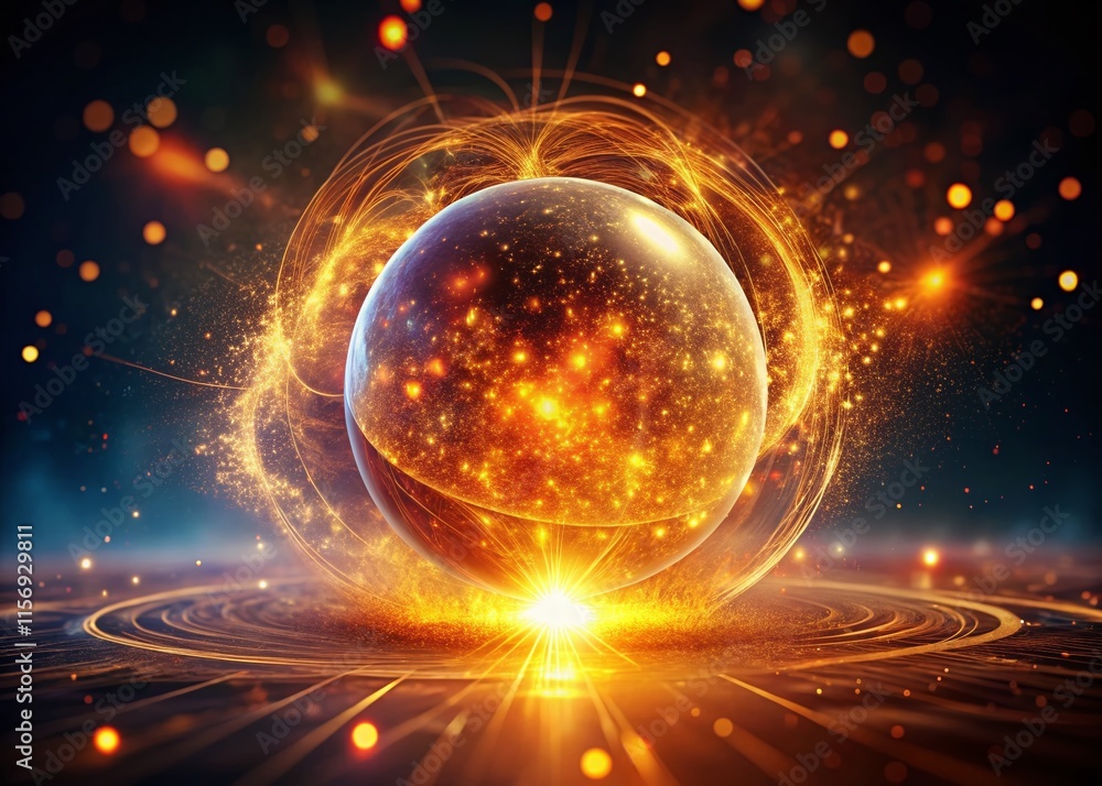 Glowing Orange Energy Sphere with Orbiting Digital Particles - Abstract Low Light Photography Glowing Orange Energy Sphere with Orbiting Digital Particles - Abstract Low Light Photography