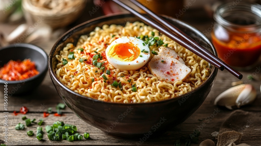Steaming Japanese Ramen Bowl with Traditional Toppings Steaming Japanese Ramen Bowl with Traditional Toppings