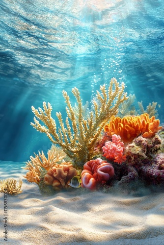 Fototapeta Naklejka Na Ścianę i Meble -  A coral reef set against a sandy ocean floor, showcasing diverse marine flora and fauna.