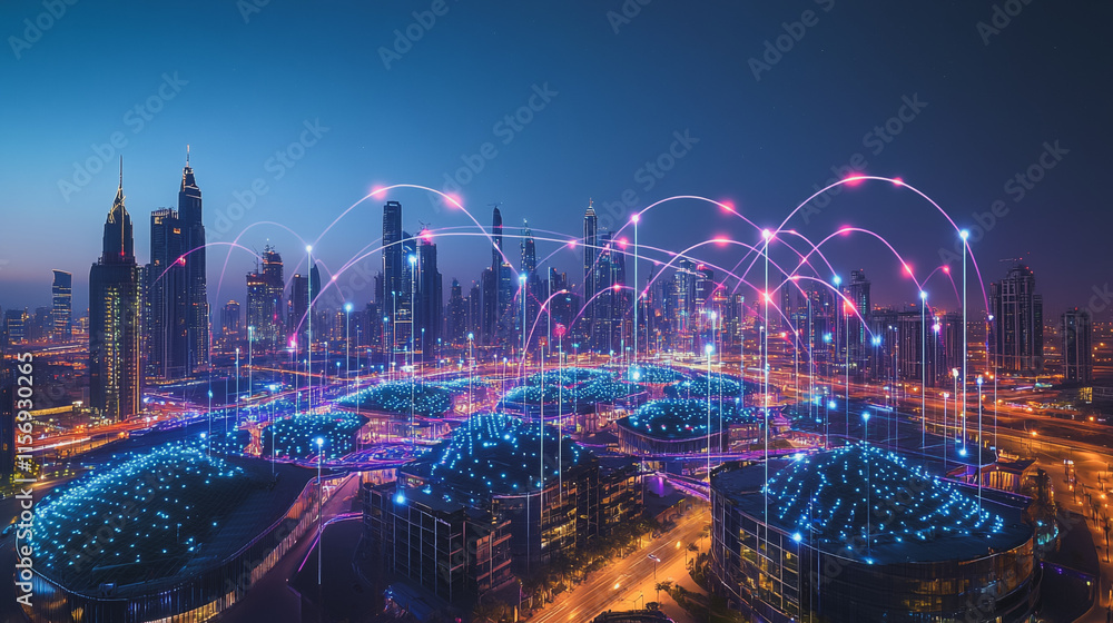 Obraz premium Smart digital Innovation city with connection network reciprocity over the cityscape. of future smart wireless digital city and social media networking systems that connects people with in city