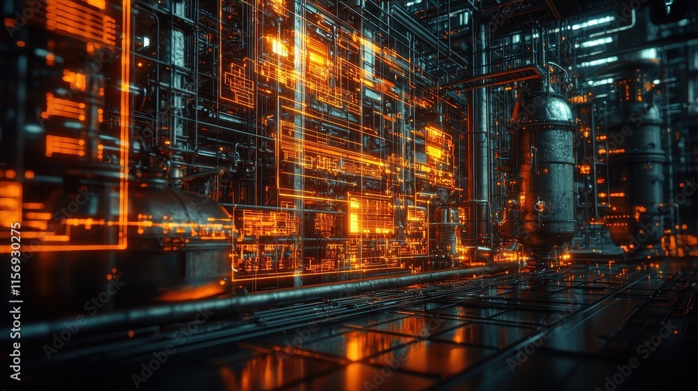 Futuristic Industrial Scene with Neon Lights and High-Tech Machinery Futuristic Industrial Scene with Neon Lights and High-Tech Machinery