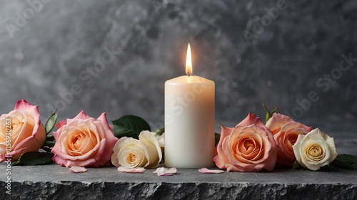 White candle with a rose and flower petals on grey stone panoramic background with copy space, funeral services web banner 