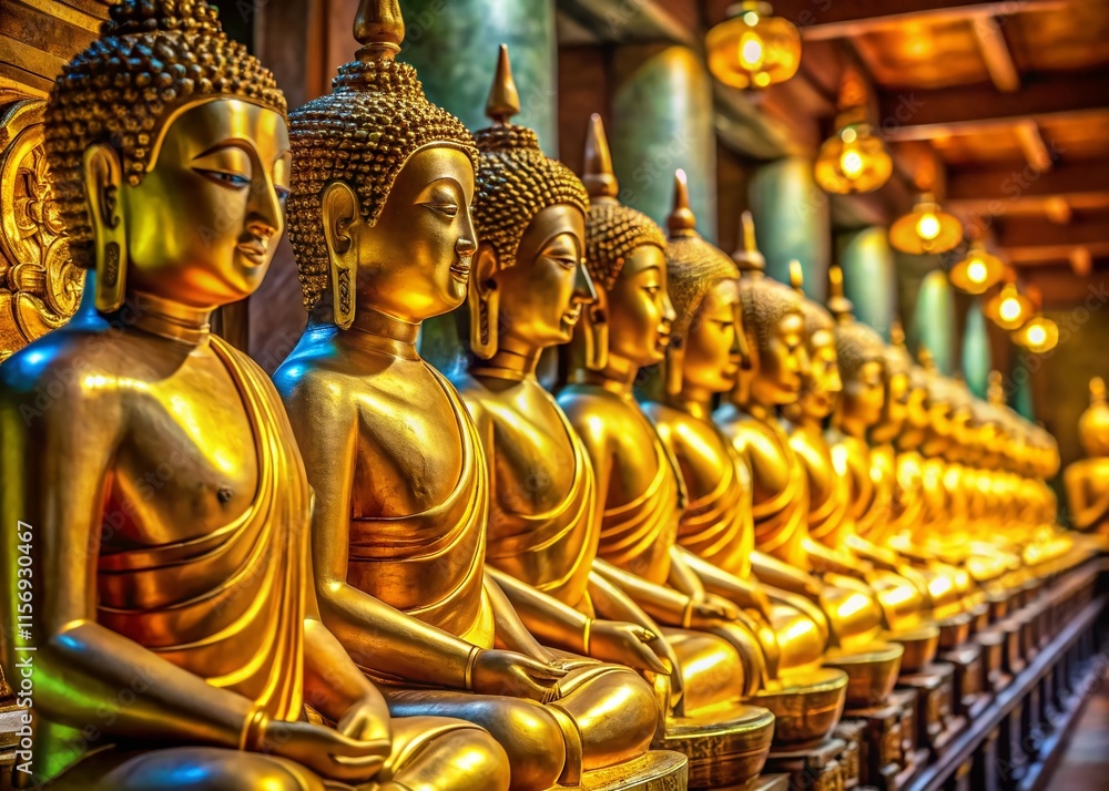 Fototapeta premium Golden Buddha Statues, Ten Thousand Buddhas Monastery, Hong Kong - Peaceful Asian Spiritual Scene