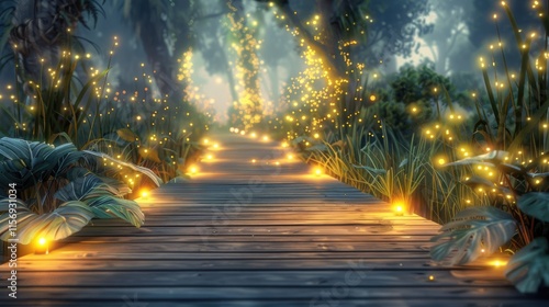 A wooden boardwalk through a softly lit forest with glowing plants