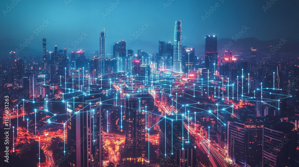 Smart digital Innovation city with connection network reciprocity over the cityscape. of future smart wireless digital city and social media networking systems that connects people with in city Smart digital Innovation city with connection network reciprocity over the cityscape. of future smart wireless digital city and social media networking systems that connects people with in city