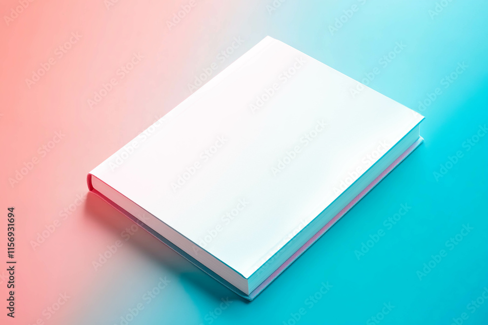 Mockup of blank hardcover book resting on a subtle blue and pink gradient background. Mockup of blank hardcover book resting on a subtle blue and pink gradient background.